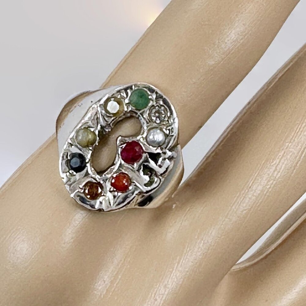 Gemstone Ring, Navratna, Sterling Silver, India, Size 9, Stones, Vintage, NOS